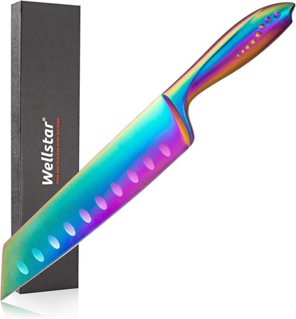 Kiritsuke Chef Knife 8 Inch, Razor Sharp German Steel Blade and Comfortable Handle with Rainbow Titanium Coated for Kitchen Food Cutting Slicing Dicing, Asian Vegetable Meat Cooking Knife