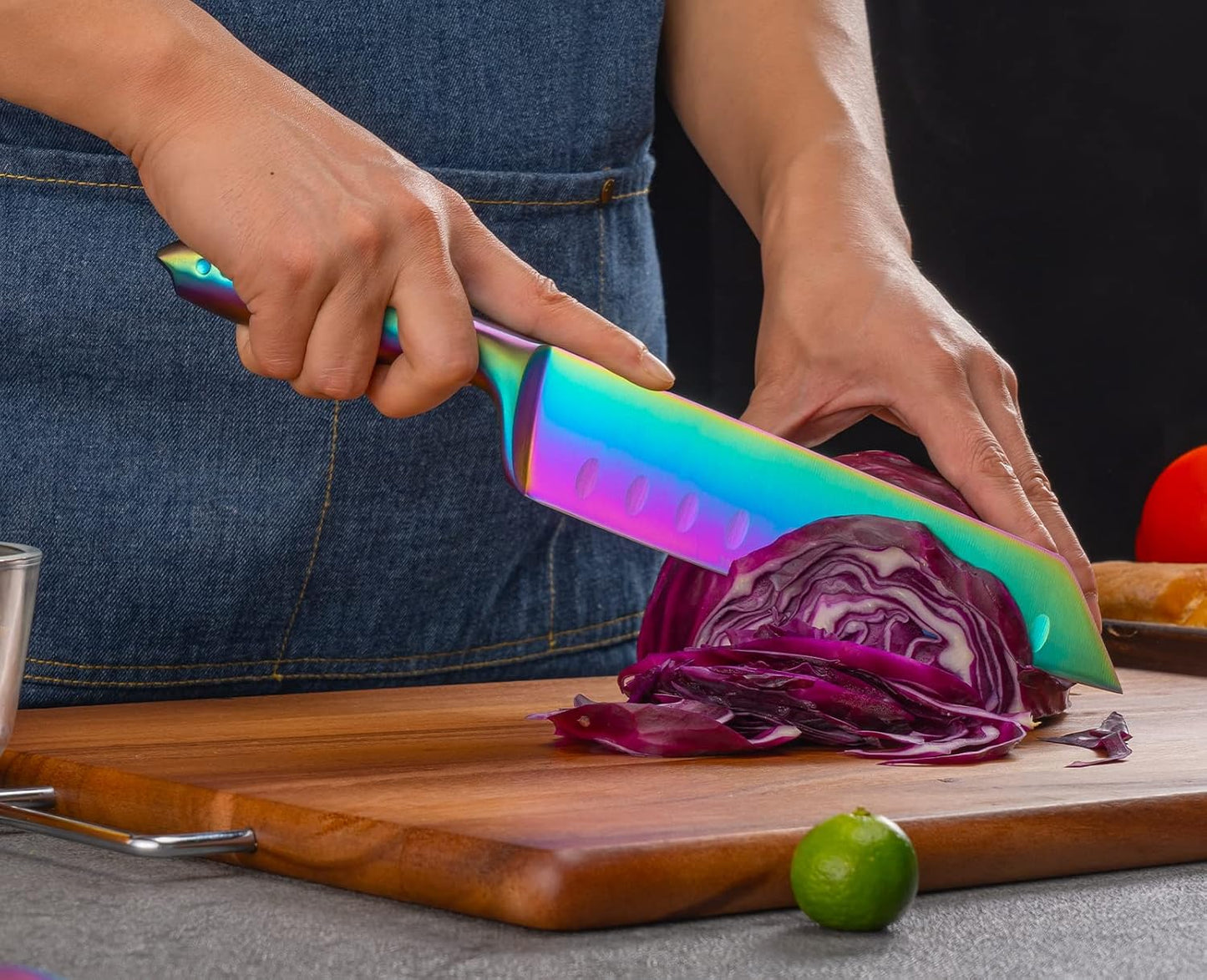 Kiritsuke Chef Knife 8 Inch, Razor Sharp German Steel Blade and Comfortable Handle with Rainbow Titanium Coated for Kitchen Food Cutting Slicing Dicing, Asian Vegetable Meat Cooking Knife