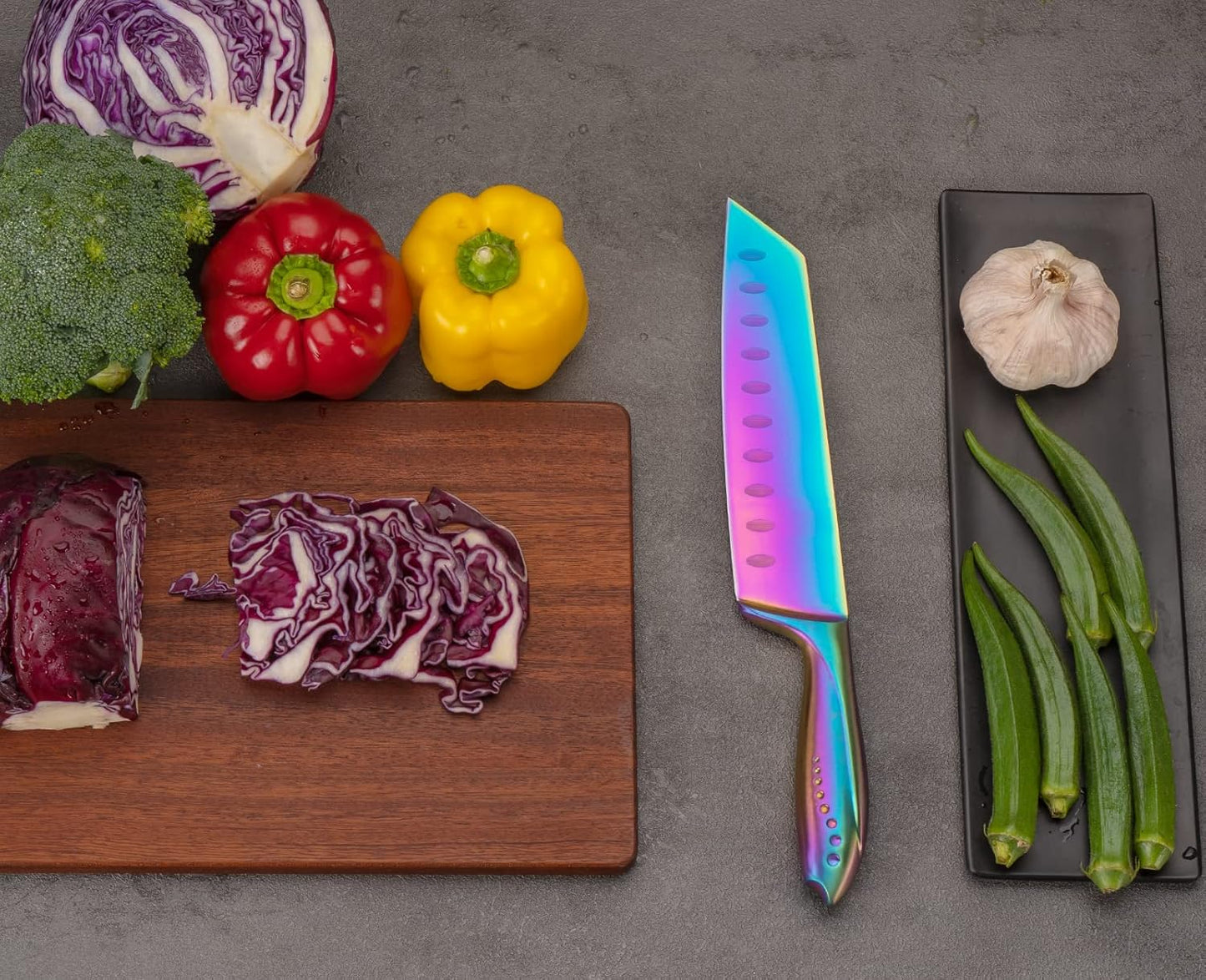 Kiritsuke Chef Knife 8 Inch, Razor Sharp German Steel Blade and Comfortable Handle with Rainbow Titanium Coated for Kitchen Food Cutting Slicing Dicing, Asian Vegetable Meat Cooking Knife