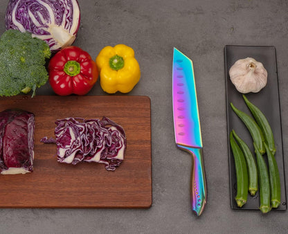 Kiritsuke Chef Knife 8 Inch, Razor Sharp German Steel Blade and Comfortable Handle with Rainbow Titanium Coated for Kitchen Food Cutting Slicing Dicing, Asian Vegetable Meat Cooking Knife
