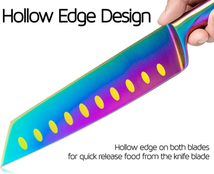 Kiritsuke Chef Knife 8 Inch, Razor Sharp German Steel Blade and Comfortable Handle with Rainbow Titanium Coated for Kitchen Food Cutting Slicing Dicing, Asian Vegetable Meat Cooking Knife