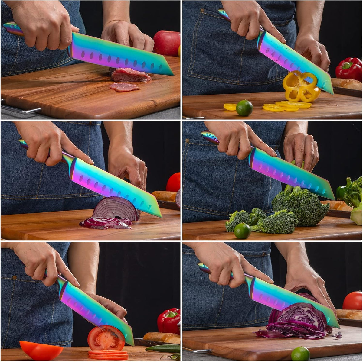 Kiritsuke Chef Knife 8 Inch, Razor Sharp German Steel Blade and Comfortable Handle with Rainbow Titanium Coated for Kitchen Food Cutting Slicing Dicing, Asian Vegetable Meat Cooking Knife