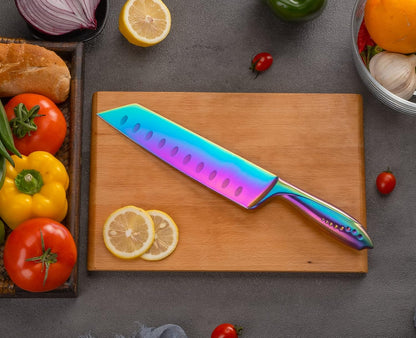 Kiritsuke Chef Knife 8 Inch, Razor Sharp German Steel Blade and Comfortable Handle with Rainbow Titanium Coated for Kitchen Food Cutting Slicing Dicing, Asian Vegetable Meat Cooking Knife