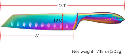 Kiritsuke Chef Knife 8 Inch, Razor Sharp German Steel Blade and Comfortable Handle with Rainbow Titanium Coated for Kitchen Food Cutting Slicing Dicing, Asian Vegetable Meat Cooking Knife