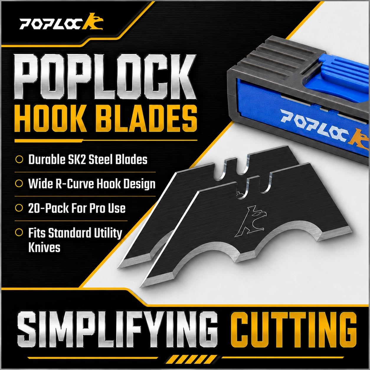 Big Hook Razor Blades for Utility Knife, 20 Pack SK2 Hook Utility Knife Blades, Replacement Refills for Cable Jacket, Roofing, Carpet & Flooring, Two-Notch Standard