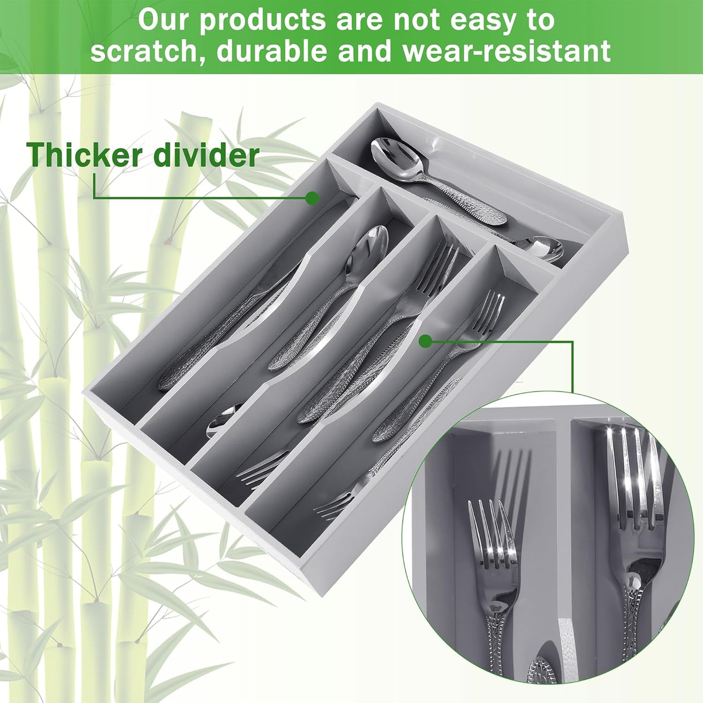Black Silverware Organizer 10 In Utensil Organizer Silverware Tray for Drawer Cutlery Flatware Organizer for Kitchen Bamboo Wood