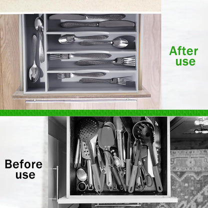 Black Silverware Organizer 10 In Utensil Organizer Silverware Tray for Drawer Cutlery Flatware Organizer for Kitchen Bamboo Wood