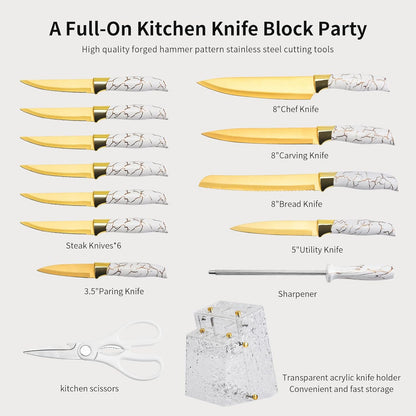 Kitchen Knife Set Non Stick Knives with Block, Serrated Steak Knife, Chef Knife, Bread Knife, Scissors, Sharpener, 14Pcs Stainless Steel Ultra-Sharp Cutlery Block Sets with Titanium Coated Blade