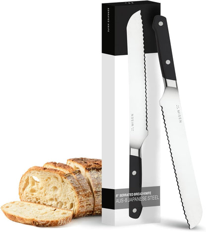 Serrated Bread Knife - High-Carbon Japanese AUS8 Steel - Perfect for Soft Foods, Bread, Pastries, and Fruits - Verstatile Slicer, Razor-Sharp Edge, Durable Blade, Ergonomic Handle - 8", Black