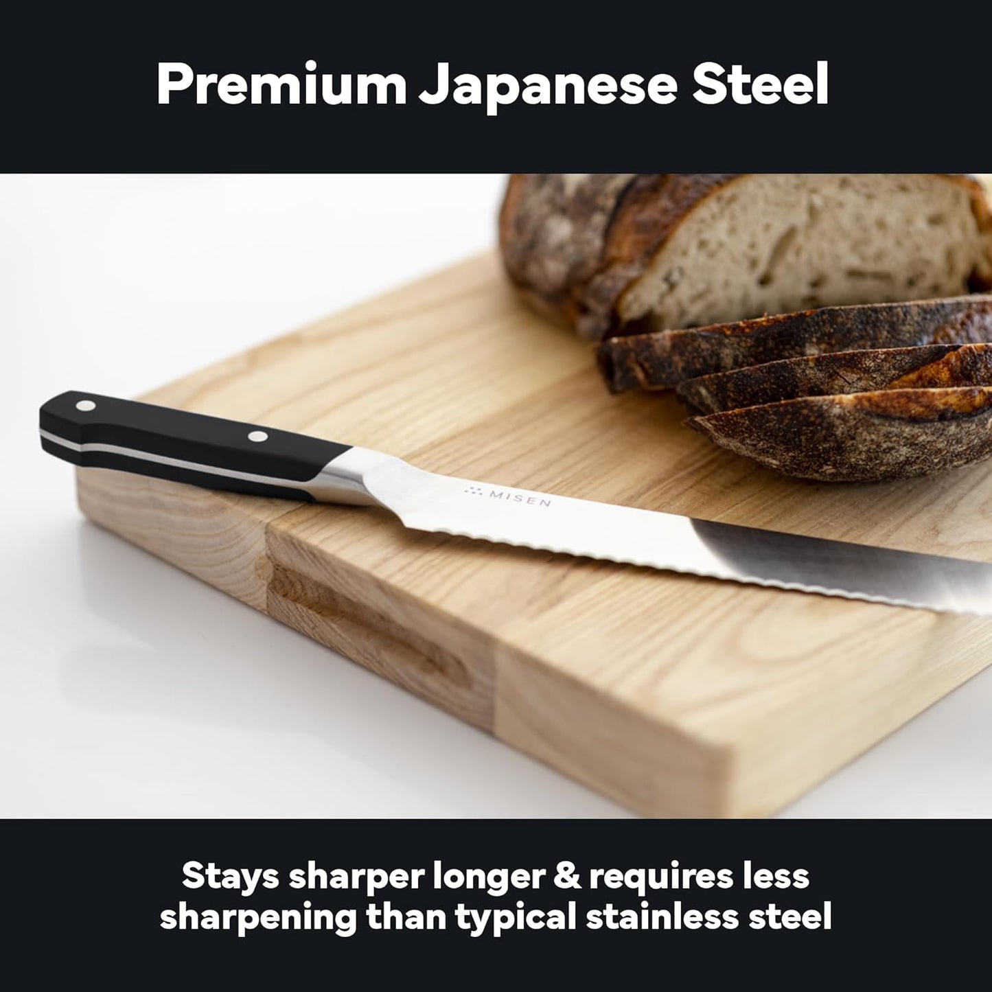 Serrated Bread Knife - High-Carbon Japanese AUS8 Steel - Perfect for Soft Foods, Bread, Pastries, and Fruits - Verstatile Slicer, Razor-Sharp Edge, Durable Blade, Ergonomic Handle - 8", Black