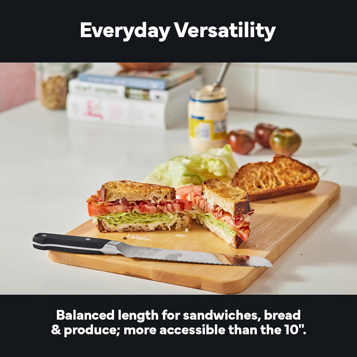 Serrated Bread Knife - High-Carbon Japanese AUS8 Steel - Perfect for Soft Foods, Bread, Pastries, and Fruits - Verstatile Slicer, Razor-Sharp Edge, Durable Blade, Ergonomic Handle - 8", Black
