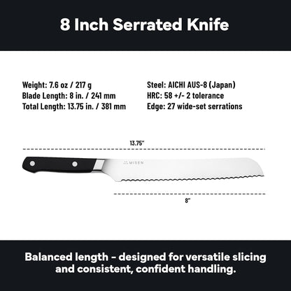 Serrated Bread Knife - High-Carbon Japanese AUS8 Steel - Perfect for Soft Foods, Bread, Pastries, and Fruits - Verstatile Slicer, Razor-Sharp Edge, Durable Blade, Ergonomic Handle - 8", Black