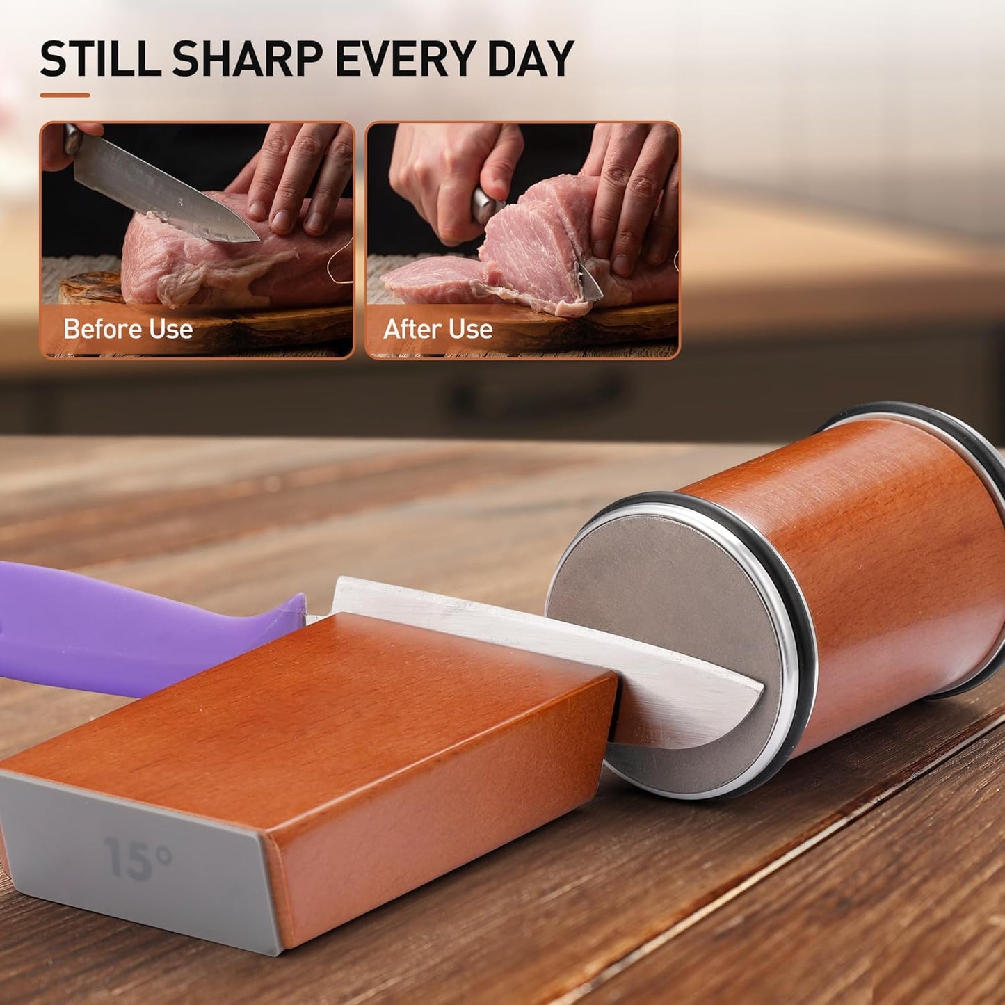 Rolling Knife Sharpener Kit, Diamond Coated Tool with N52 Super Magnetic 15° to 20° Angles Beech Wood Base 400/1000 Grit Grinding for Kitchen Knives Any Steel Hardness
