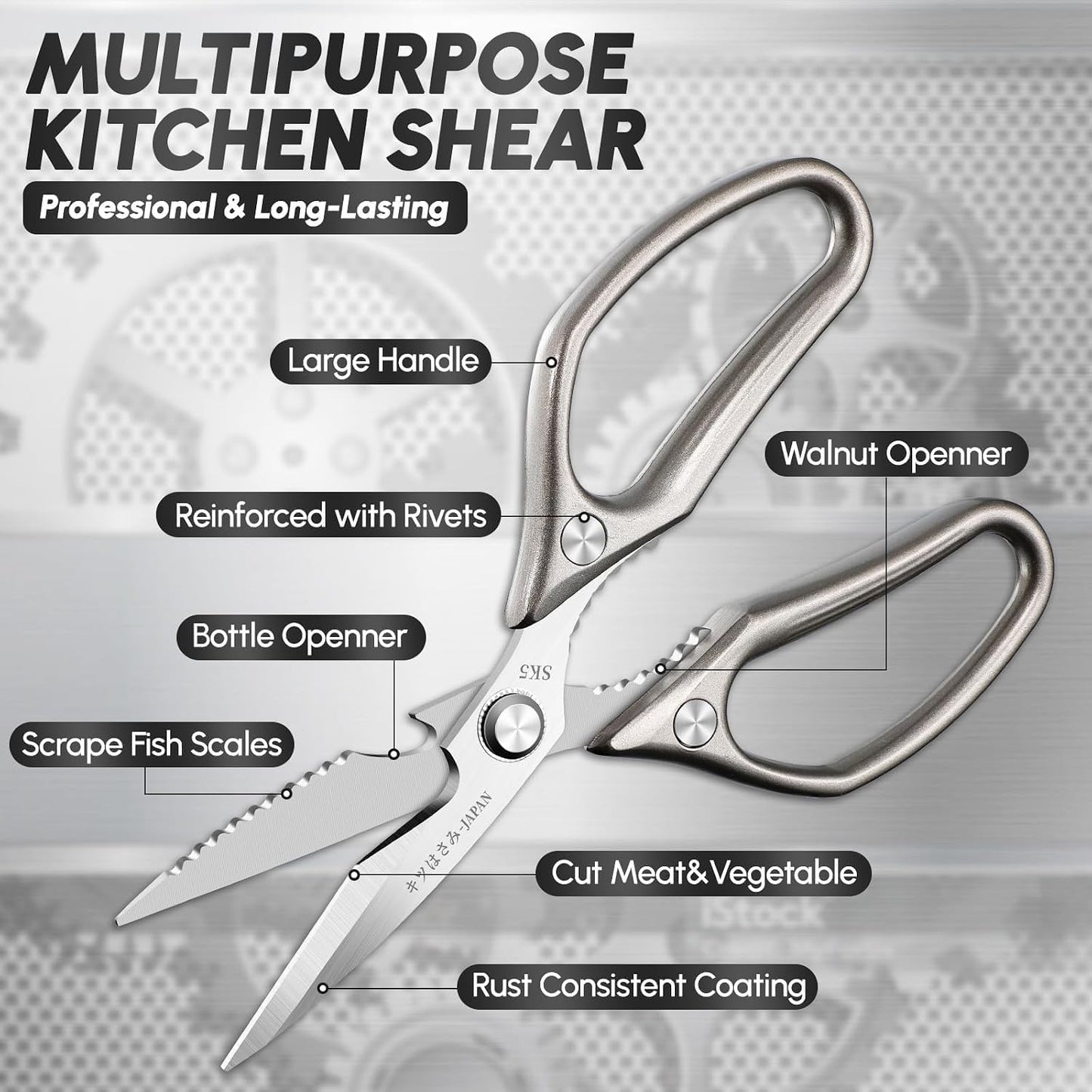 Kitchen Shears Set, All Purpose Heavy Duty Poultry Shears, Sharp Japanese Meat Scissors, Dishwash Safe Stainless Steel Kitchen Scissors for Food, Chicken Bones, Turkey, Cooking Gifts for Men Dad