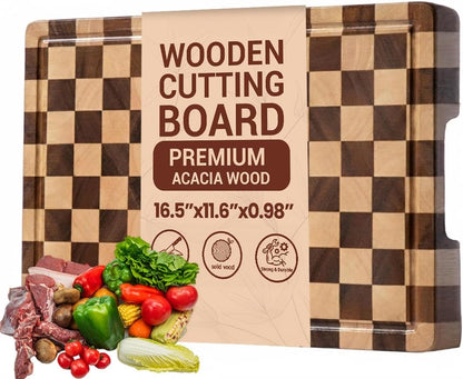100% Organic Acacia Wood Cutting Board 16.5" x 11.6" – Checkered End Grain Butcher Block for Kitchen, Large Wooden Chopping Board with Juice Groove, Easy-Grip Handle & Non-Slip Feet