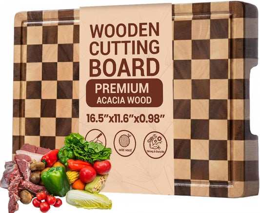 100% Organic Acacia Wood Cutting Board 16.5" x 11.6" – Checkered End Grain Butcher Block for Kitchen, Large Wooden Chopping Board with Juice Groove, Easy-Grip Handle & Non-Slip Feet