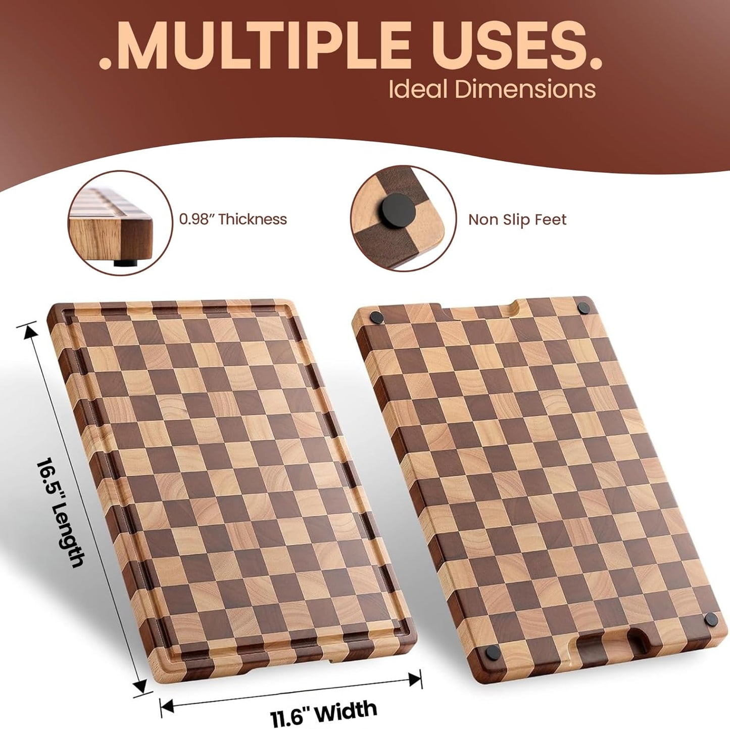 100% Organic Acacia Wood Cutting Board 16.5" x 11.6" – Checkered End Grain Butcher Block for Kitchen, Large Wooden Chopping Board with Juice Groove, Easy-Grip Handle & Non-Slip Feet