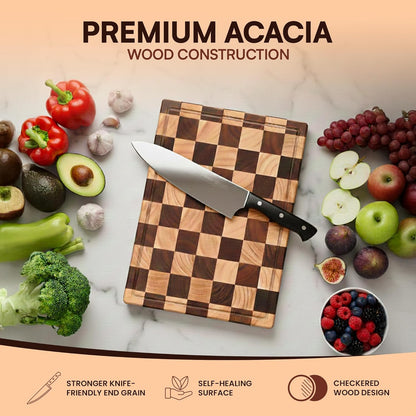100% Organic Acacia Wood Cutting Board 16.5" x 11.6" – Checkered End Grain Butcher Block for Kitchen, Large Wooden Chopping Board with Juice Groove, Easy-Grip Handle & Non-Slip Feet