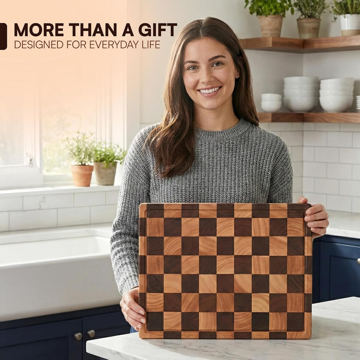 100% Organic Acacia Wood Cutting Board 16.5" x 11.6" – Checkered End Grain Butcher Block for Kitchen, Large Wooden Chopping Board with Juice Groove, Easy-Grip Handle & Non-Slip Feet