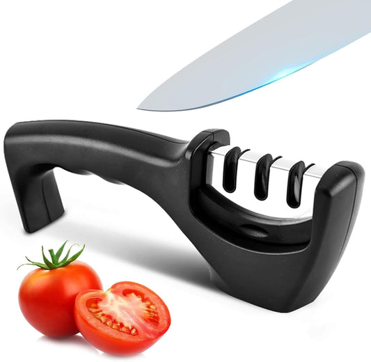 Elite Kitchen Knife Sharpener with 3 Stages, Professional Manual Blade Sharpening System, Ceramic Stone, Tungsten Carbide Plates, Diamond rods, Ergonomic Handle, Non-Slip Base,Stylish Black