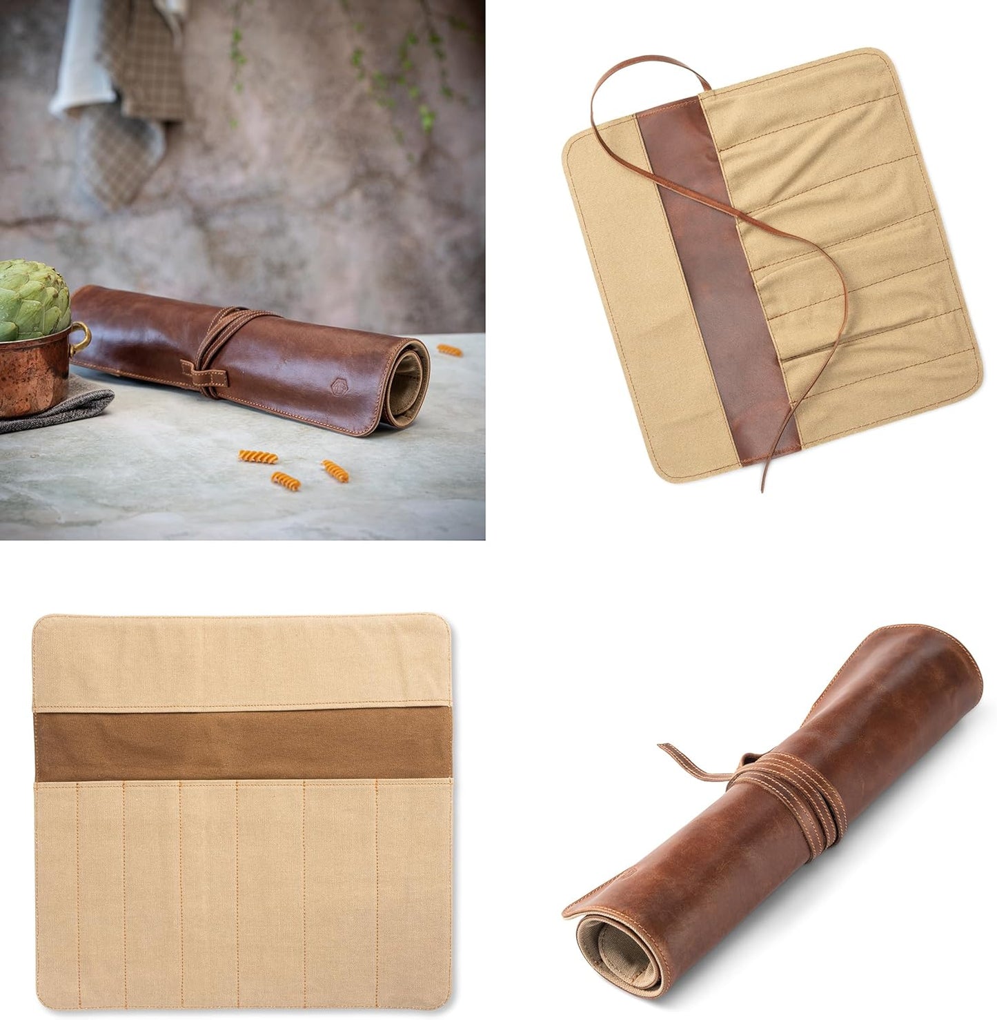 premium leather Knife Roll Bag - Storage and Protection for Chef Knives, 7 Slots and 1 Zipper Pocket, genuine Buffalo Leather Case Nils (Mahogany)