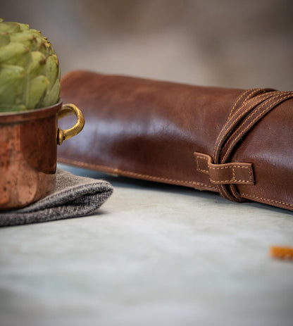 premium leather Knife Roll Bag - Storage and Protection for Chef Knives, 7 Slots and 1 Zipper Pocket, genuine Buffalo Leather Case Nils (Mahogany)