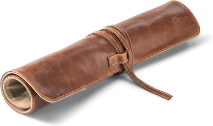 premium leather Knife Roll Bag - Storage and Protection for Chef Knives, 7 Slots and 1 Zipper Pocket, genuine Buffalo Leather Case Nils (Mahogany)