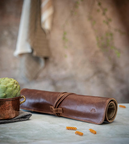 premium leather Knife Roll Bag - Storage and Protection for Chef Knives, 7 Slots and 1 Zipper Pocket, genuine Buffalo Leather Case Nils (Mahogany)