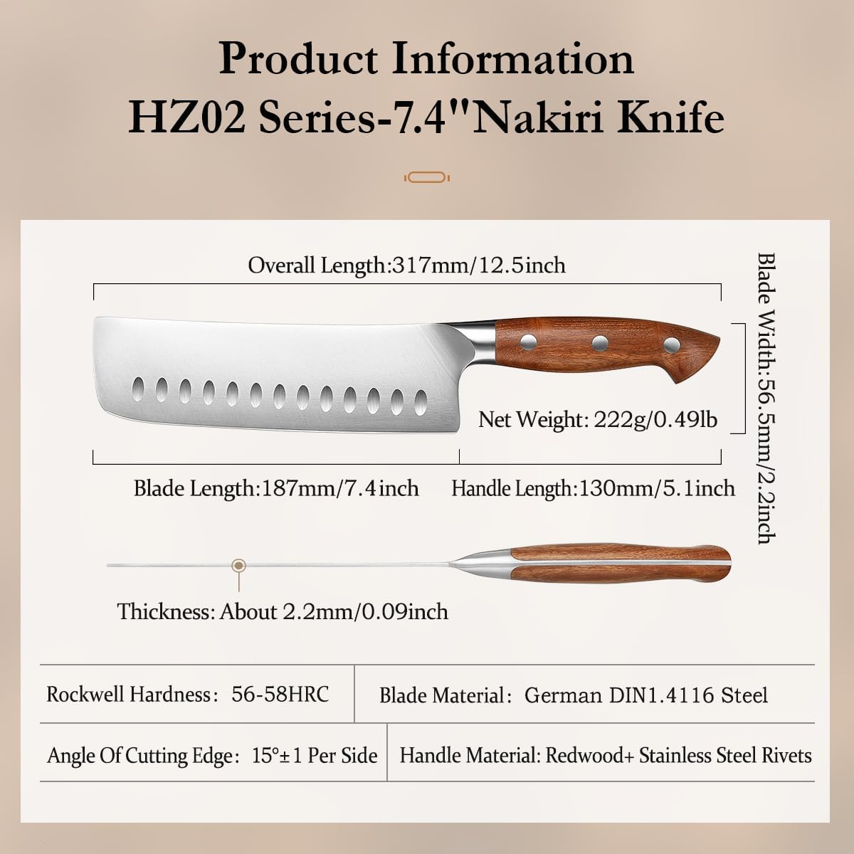 Multipurpose Asian Chef Knife - 7.4 inch Nakiri Knife -Din 1.4116 Steel-Razor Sharp & Full Tang Kitchen Knife, for Chopping, Dicing & Slicing with Ergonomic Handle