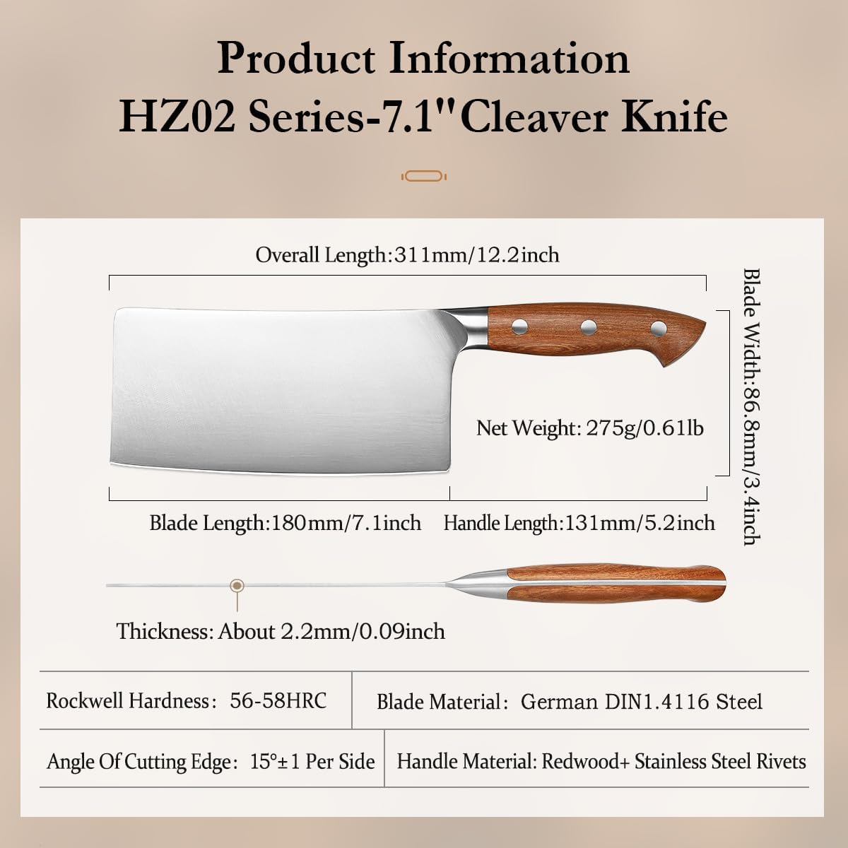 Multipurpose Asian Chef Knife - 7.4 inch Nakiri Knife -Din 1.4116 Steel-Razor Sharp & Full Tang Kitchen Knife, for Chopping, Dicing & Slicing with Ergonomic Handle