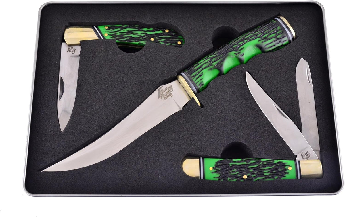 3 Piece Knife Set with a Storage Case 01ST/AG Fixed Blade & Pocket Knives with a Green Composite Handle Stainless Steel Blades Ranging from 4-9 Inches in Length