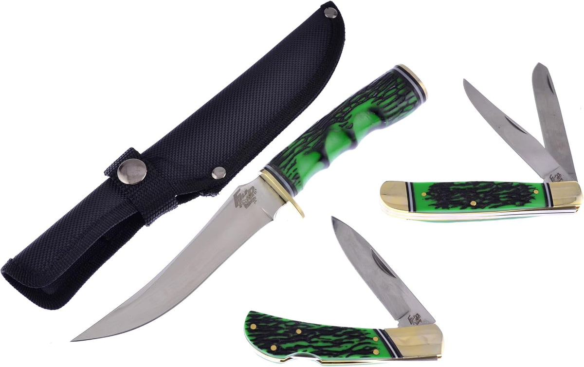 3 Piece Knife Set with a Storage Case 01ST/AG Fixed Blade & Pocket Knives with a Green Composite Handle Stainless Steel Blades Ranging from 4-9 Inches in Length
