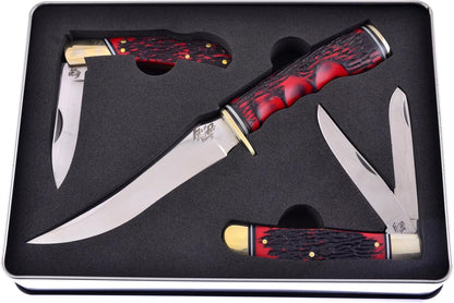 3 Piece Knife Set with a Storage Case 01ST/AG Fixed Blade & Pocket Knives with a Green Composite Handle Stainless Steel Blades Ranging from 4-9 Inches in Length