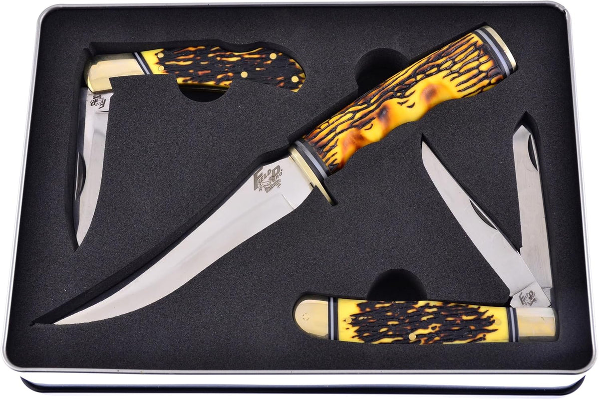 3 Piece Knife Set with a Storage Case 01ST/AG Fixed Blade & Pocket Knives with a Green Composite Handle Stainless Steel Blades Ranging from 4-9 Inches in Length