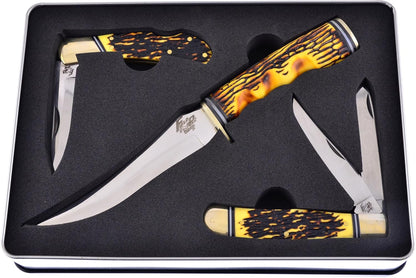 3 Piece Knife Set with a Storage Case 01ST/AG Fixed Blade & Pocket Knives with a Green Composite Handle Stainless Steel Blades Ranging from 4-9 Inches in Length