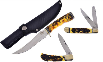 3 Piece Knife Set with a Storage Case 01ST/AG Fixed Blade & Pocket Knives with a Green Composite Handle Stainless Steel Blades Ranging from 4-9 Inches in Length