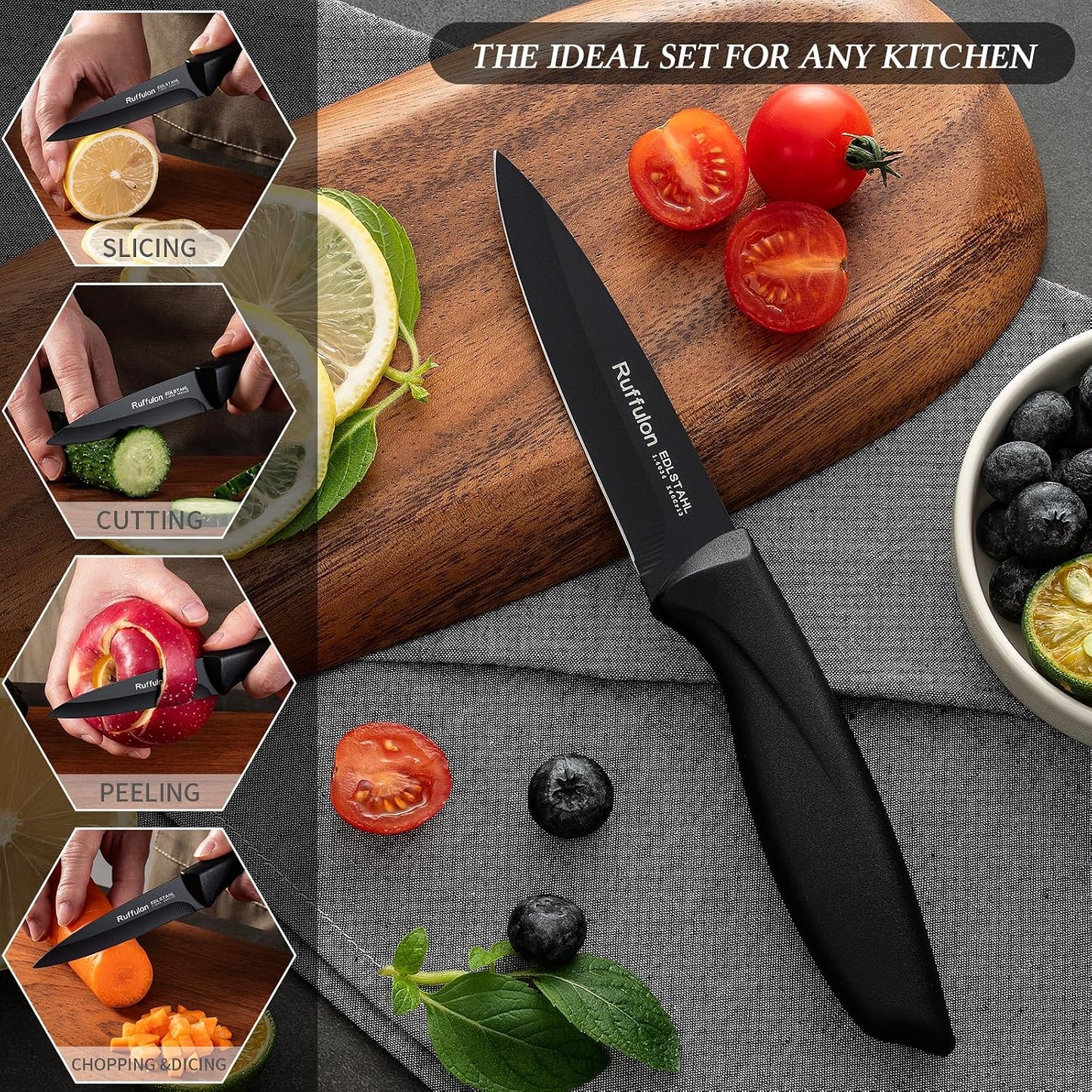 4-Piece Fruit Knife Set 7.88-inch stainless steel paring knife Straight blade with pointed tip design PP plastic ergonomic handle Specifically designed for cutting fruits and vegetables,Black.