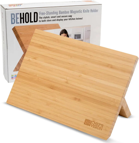 Magnetic Knife Block Without Knives, Bamboo Countertop Holder | Foldable Wooden Knife Holder with 12.5-Inch Open Magnetic Surface, Slotless Easy-Clean Storage and Stable Angled Display Base