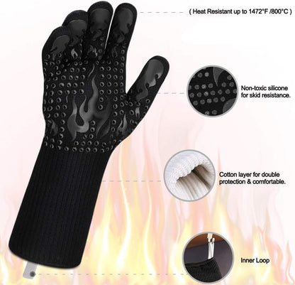 BBQ Gloves, 1472 Degree F Heat Resistant Grilling Gloves Silicone Non-Slip Oven Gloves Long Kitchen Gloves for Barbecue, Cooking, Baking, Cutting