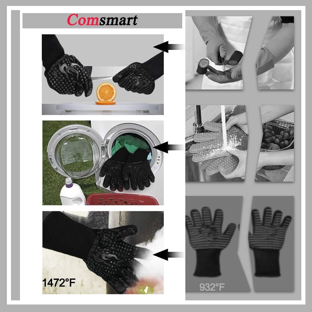 BBQ Gloves, 1472 Degree F Heat Resistant Grilling Gloves Silicone Non-Slip Oven Gloves Long Kitchen Gloves for Barbecue, Cooking, Baking, Cutting