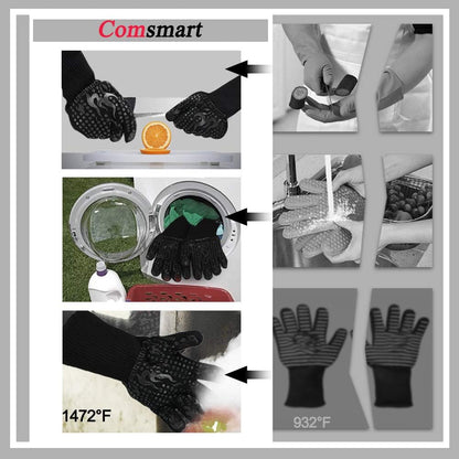 BBQ Gloves, 1472 Degree F Heat Resistant Grilling Gloves Silicone Non-Slip Oven Gloves Long Kitchen Gloves for Barbecue, Cooking, Baking, Cutting