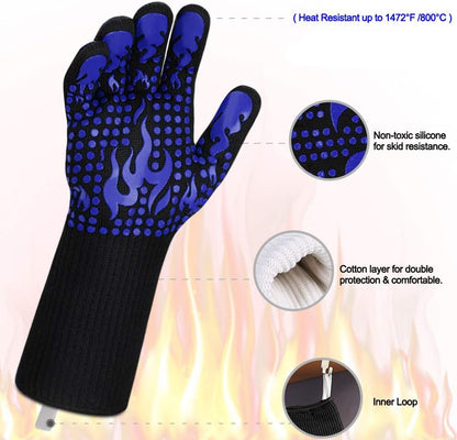 BBQ Gloves, 1472 Degree F Heat Resistant Grilling Gloves Silicone Non-Slip Oven Gloves Long Kitchen Gloves for Barbecue, Cooking, Baking, Cutting