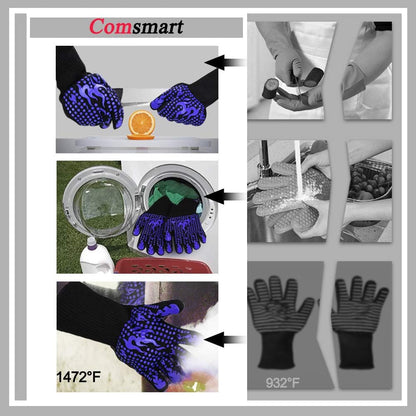 BBQ Gloves, 1472 Degree F Heat Resistant Grilling Gloves Silicone Non-Slip Oven Gloves Long Kitchen Gloves for Barbecue, Cooking, Baking, Cutting