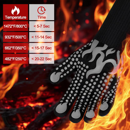 BBQ Gloves, 1472 Degree F Heat Resistant Grilling Gloves Silicone Non-Slip Oven Gloves Long Kitchen Gloves for Barbecue, Cooking, Baking, Cutting