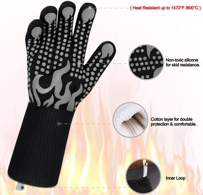 BBQ Gloves, 1472 Degree F Heat Resistant Grilling Gloves Silicone Non-Slip Oven Gloves Long Kitchen Gloves for Barbecue, Cooking, Baking, Cutting