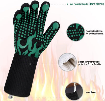 BBQ Gloves, 1472 Degree F Heat Resistant Grilling Gloves Silicone Non-Slip Oven Gloves Long Kitchen Gloves for Barbecue, Cooking, Baking, Cutting