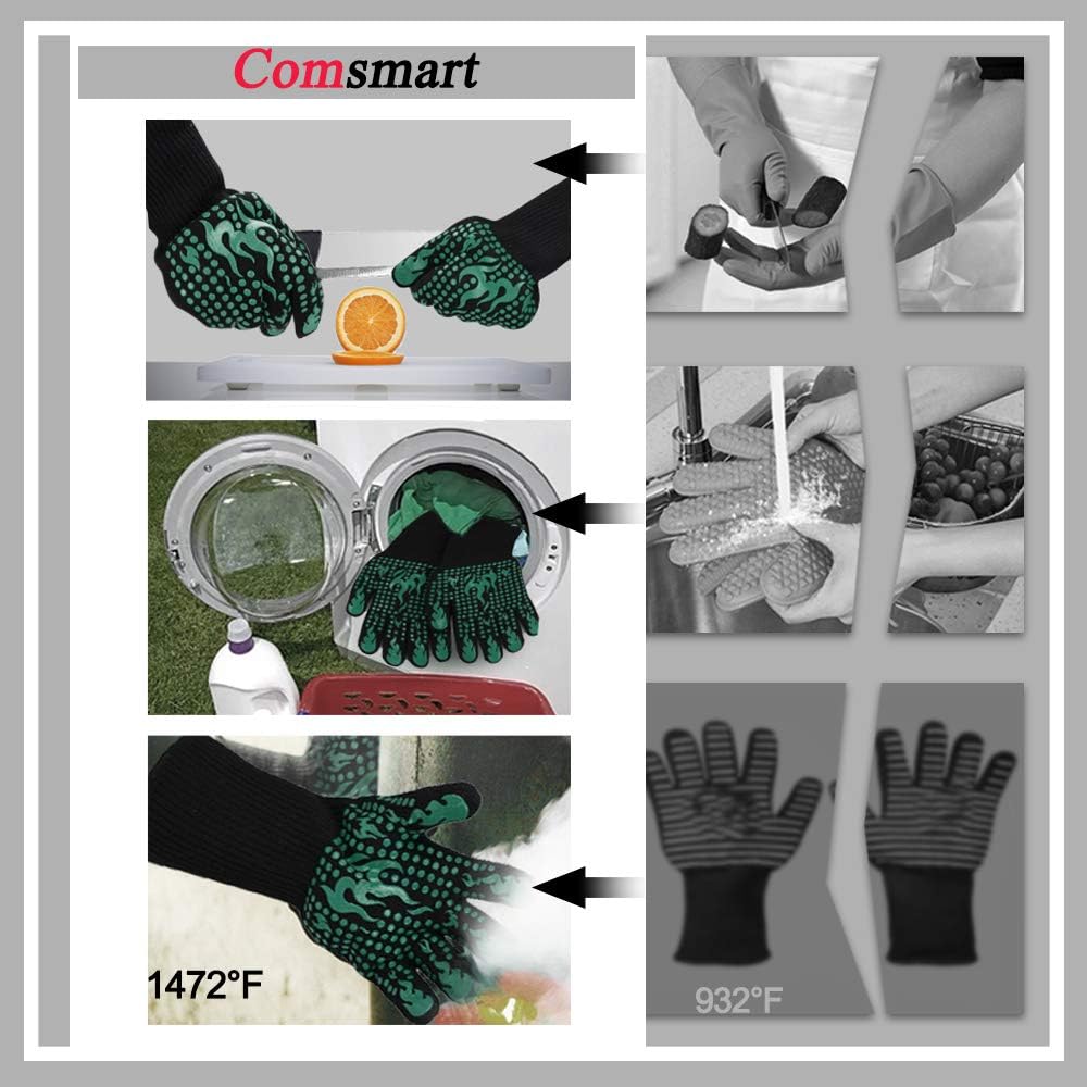 BBQ Gloves, 1472 Degree F Heat Resistant Grilling Gloves Silicone Non-Slip Oven Gloves Long Kitchen Gloves for Barbecue, Cooking, Baking, Cutting