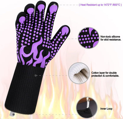 BBQ Gloves, 1472 Degree F Heat Resistant Grilling Gloves Silicone Non-Slip Oven Gloves Long Kitchen Gloves for Barbecue, Cooking, Baking, Cutting