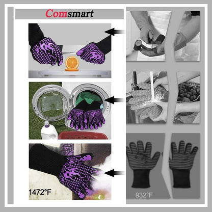 BBQ Gloves, 1472 Degree F Heat Resistant Grilling Gloves Silicone Non-Slip Oven Gloves Long Kitchen Gloves for Barbecue, Cooking, Baking, Cutting
