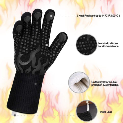 BBQ Gloves, 1472 Degree F Heat Resistant Grilling Gloves Silicone Non-Slip Oven Gloves Long Kitchen Gloves for Barbecue, Cooking, Baking, Cutting